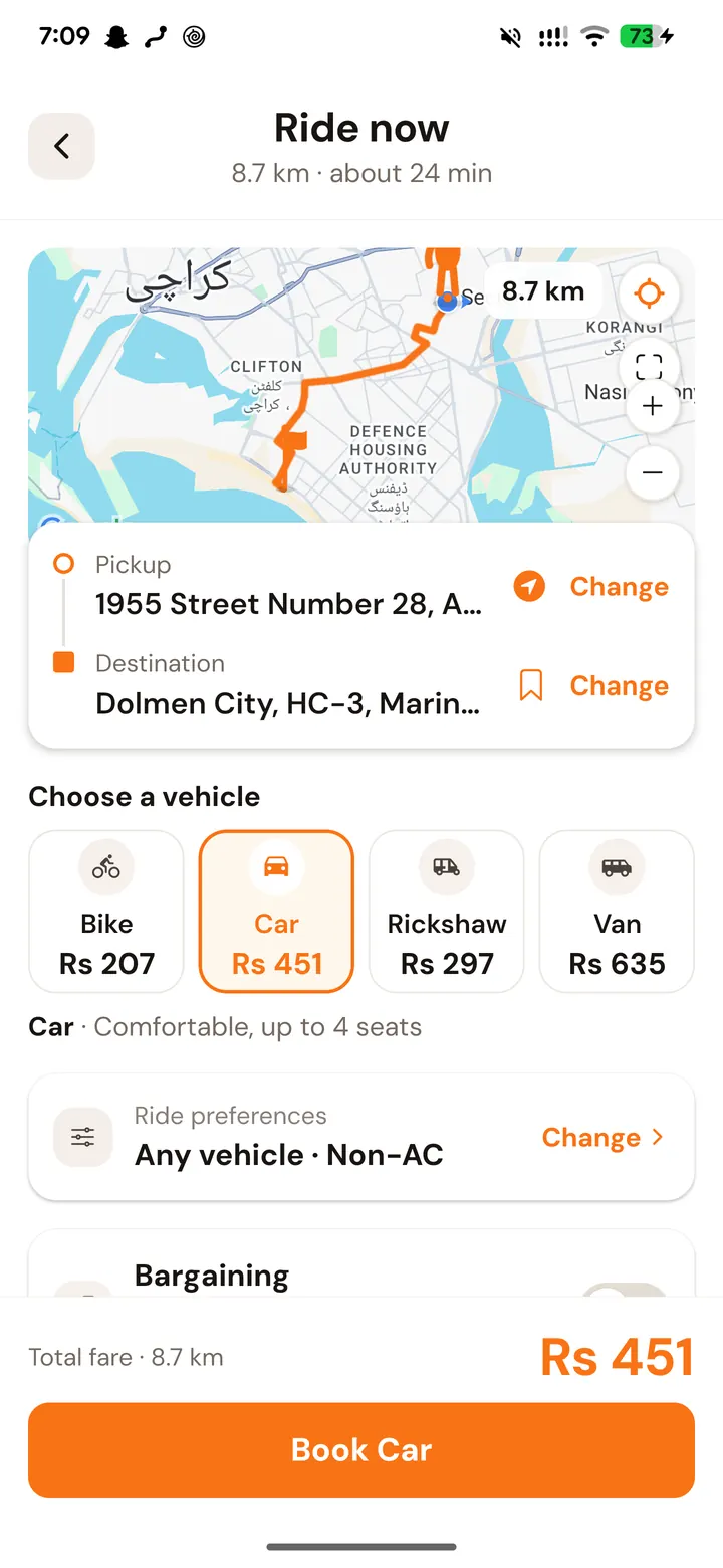 A Drivio ride being priced: an 8.7 km route on the map with Bike, Car, Rickshaw and Van fares side by side