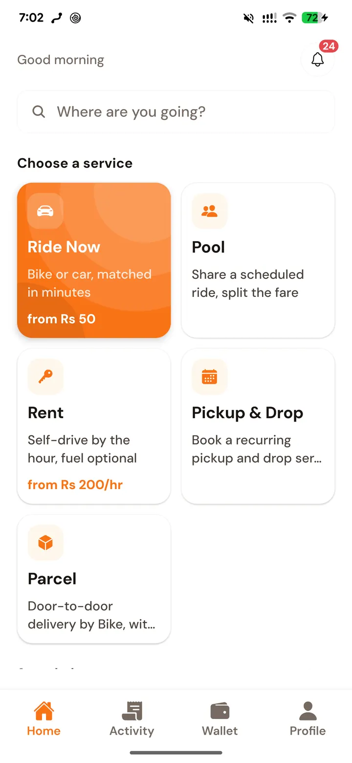 The Drivio home screen, listing Ride Now, Pool, Rent, Pickup & Drop and Parcel with their starting prices