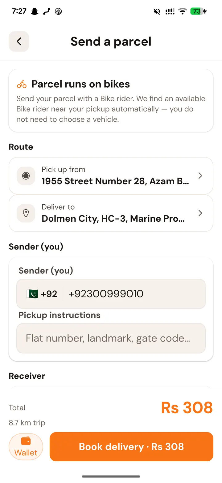 Drivio parcel delivery, showing the route, sender details and a total with Wallet selected as the payment method