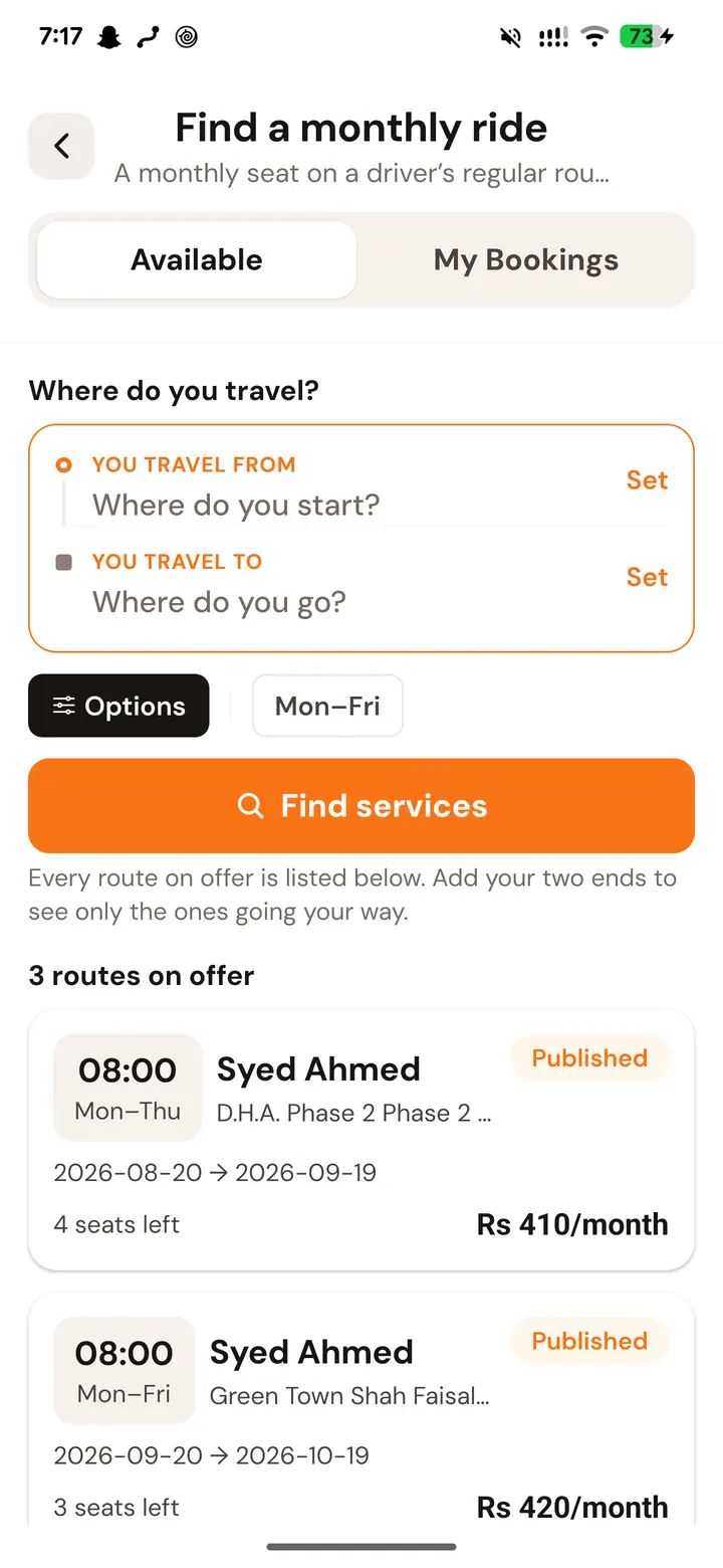 Drivio Pickup & Drop, listing monthly commute routes with their days, dates, seats left and monthly price