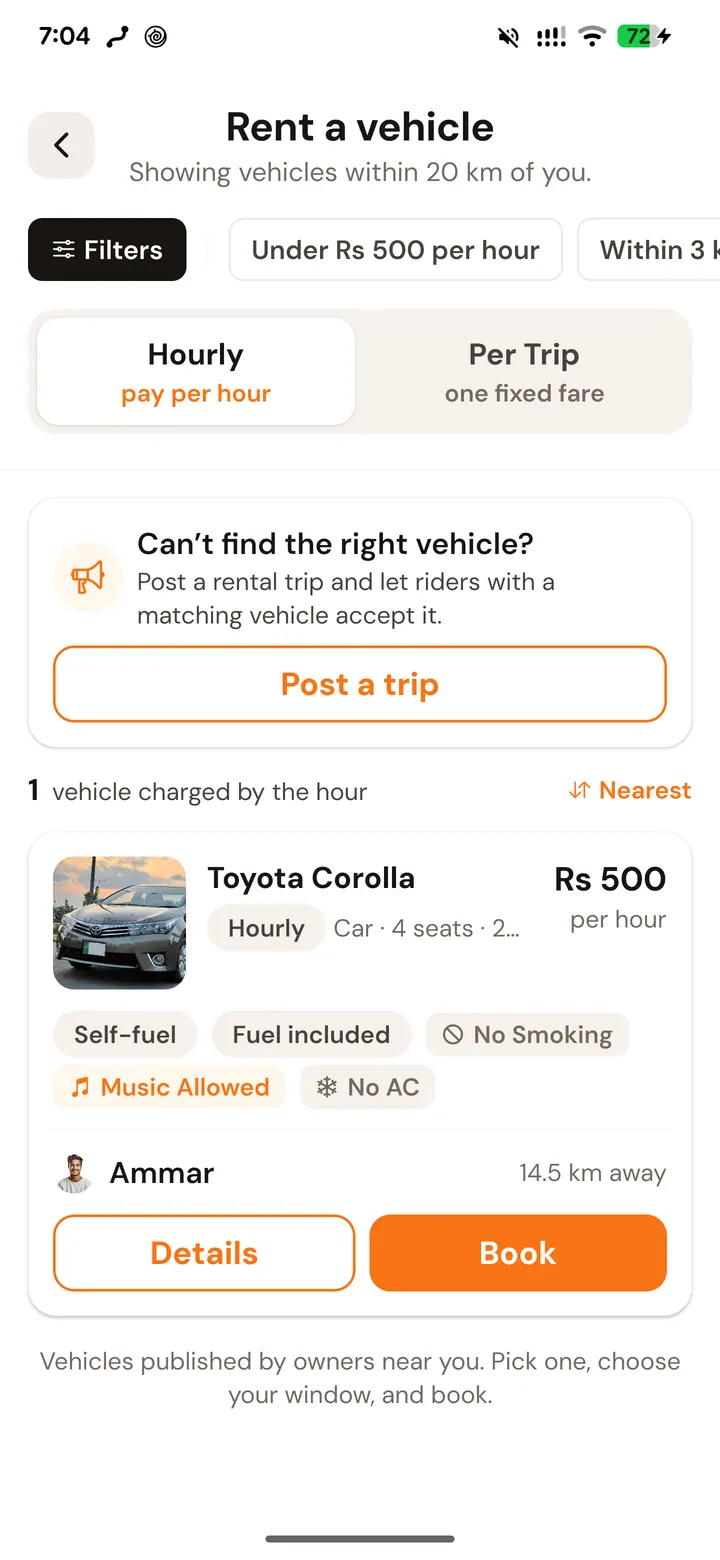Drivio vehicle rental, showing an hourly listing with its per-hour rate, features and distance away