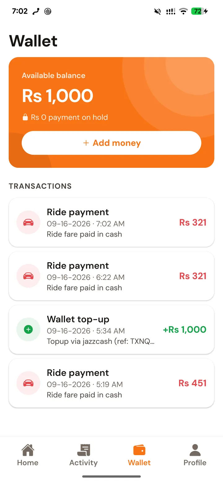 The Drivio wallet showing an available balance, an Add money button and a list of top-ups and ride charges